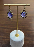 Pear Teardrop Blue Tanzanite Cabochon Diamond Halo 14K Gold Drop Earrings