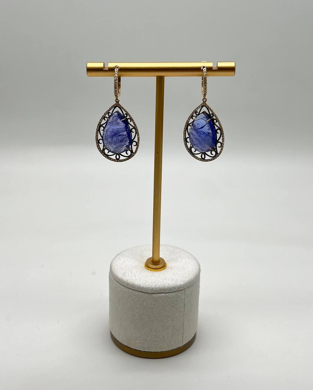 Pear Teardrop Blue Tanzanite Cabochon Diamond Halo 14K Gold Drop Earrings