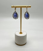 Pear Teardrop Blue Tanzanite Cabochon Diamond Halo 14K Gold Drop Earrings