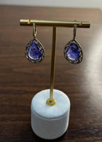 Pear Teardrop Blue Tanzanite Cabochon Diamond Halo 14K Gold Drop Earrings