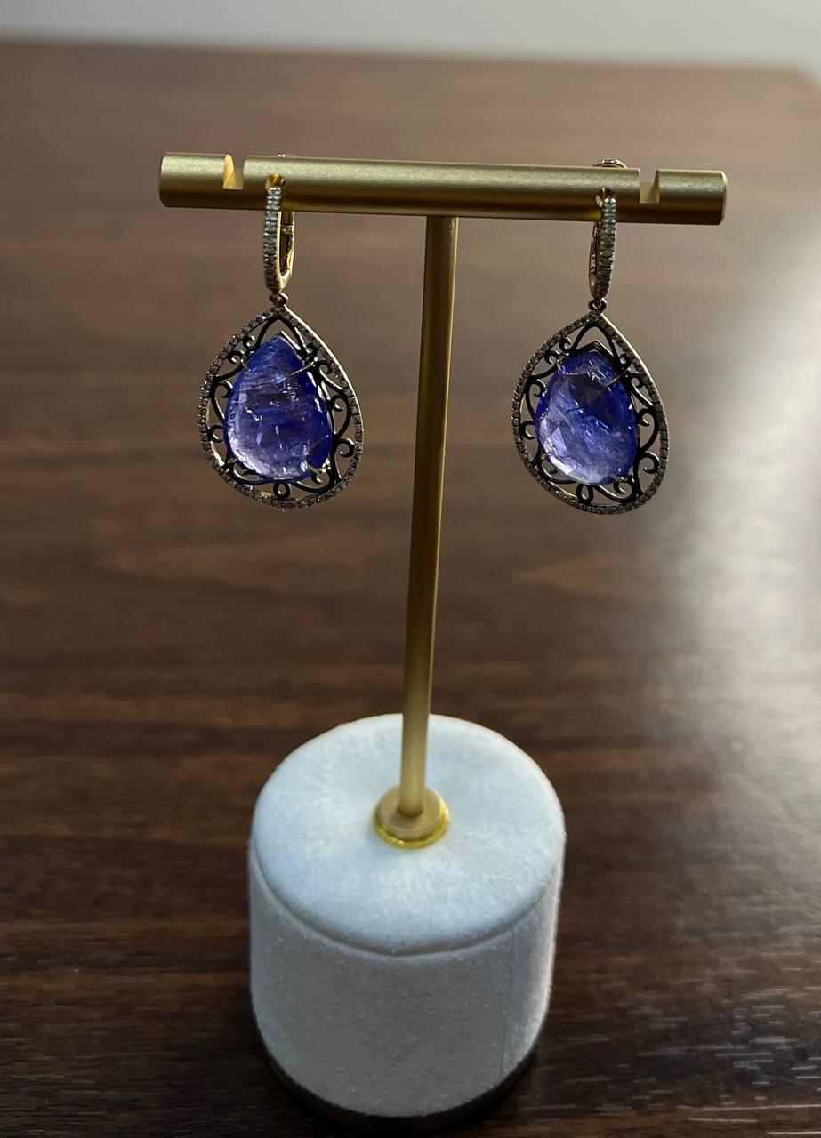 Pear Teardrop Blue Tanzanite Cabochon Diamond Halo 14K Gold Drop Earrings