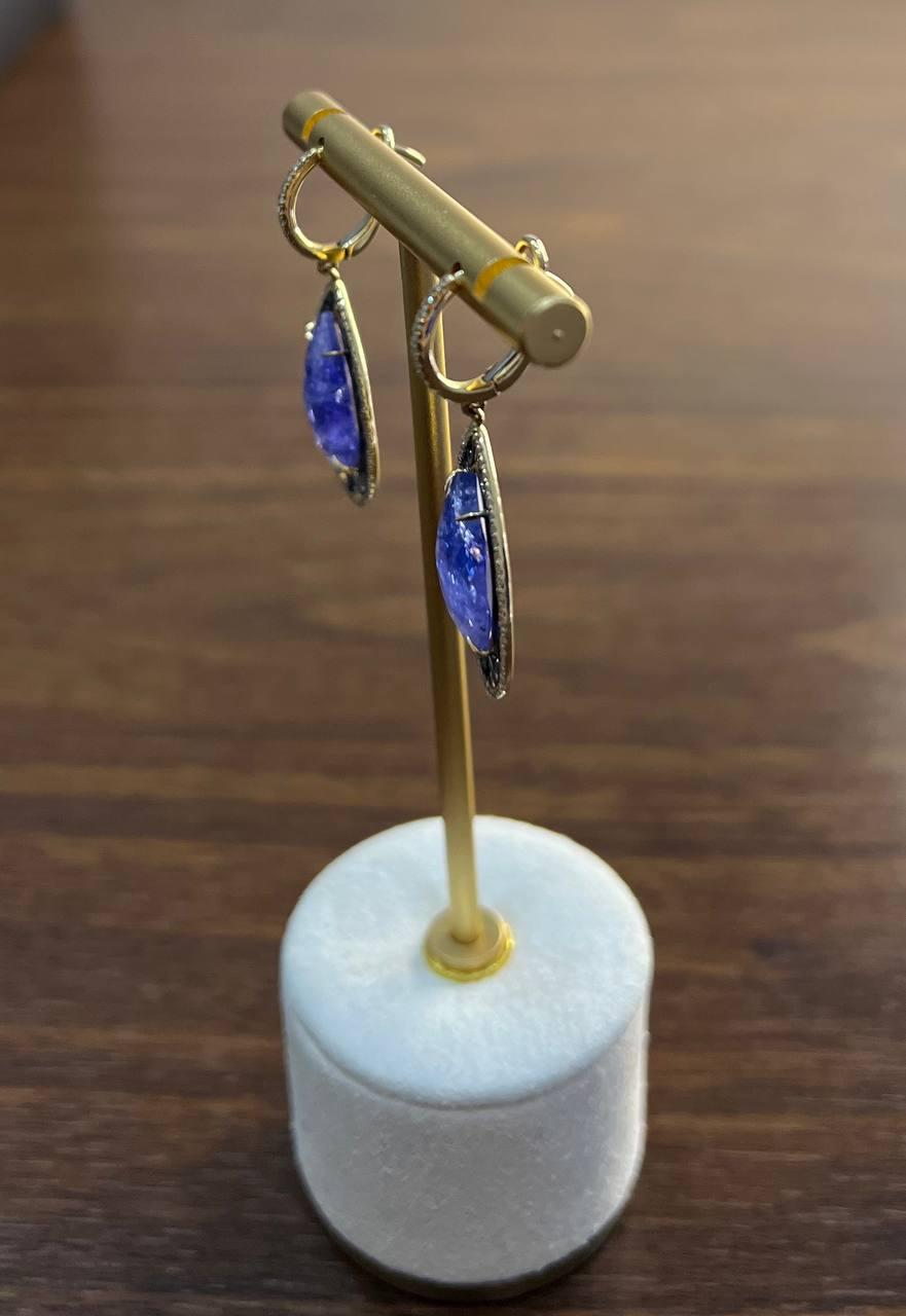 Pear Teardrop Blue Tanzanite Cabochon Diamond Halo 14K Gold Drop Earrings