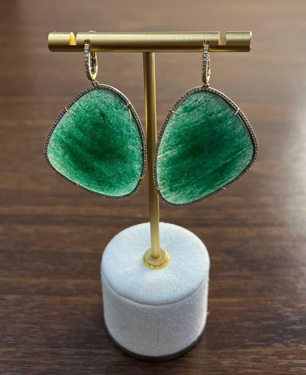 Free Shape Dark Green Aventurine 14K Gold Unique Statement Drop Earrings