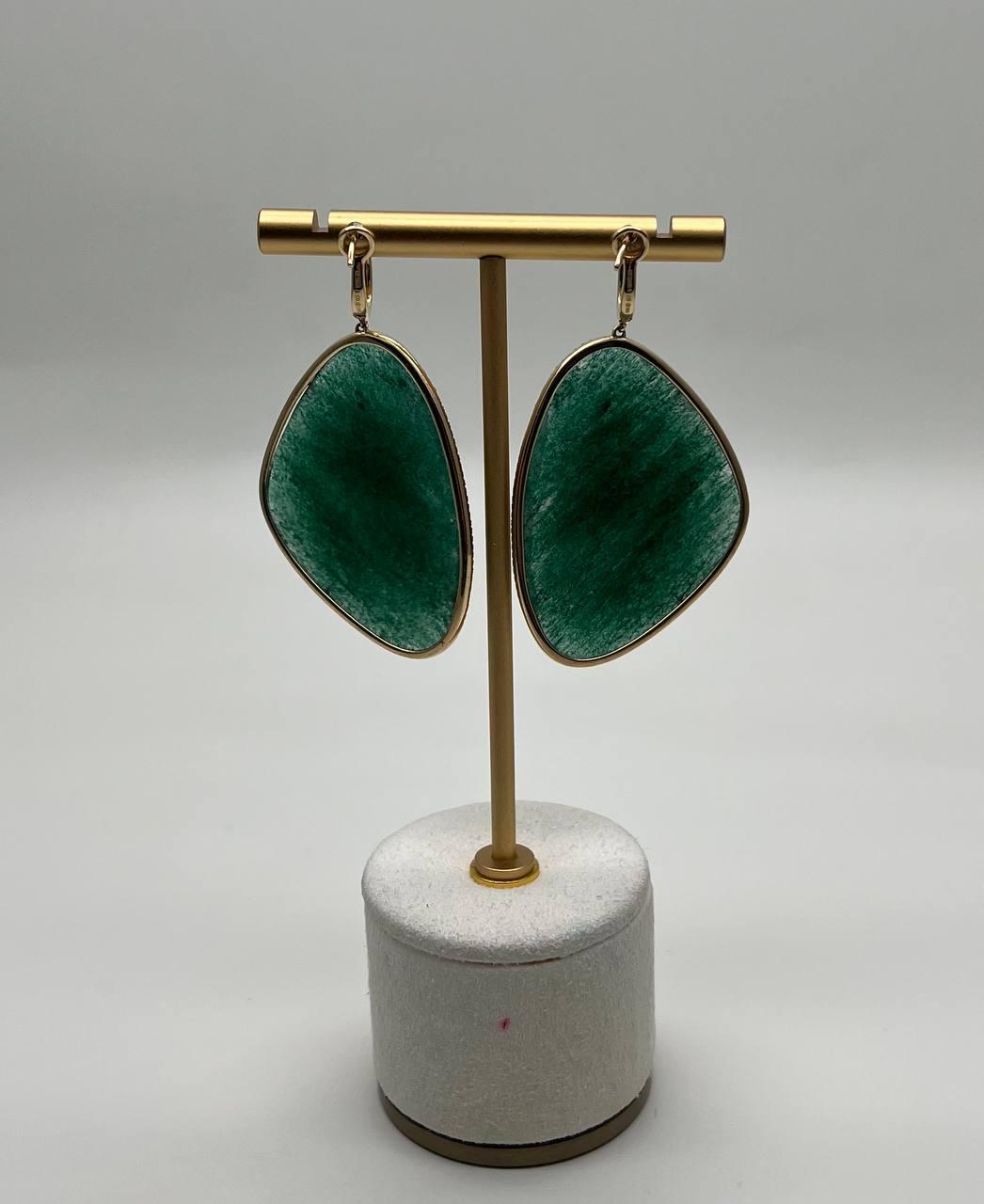 Free Shape Dark Green Aventurine 14K Gold Unique Statement Drop Earrings