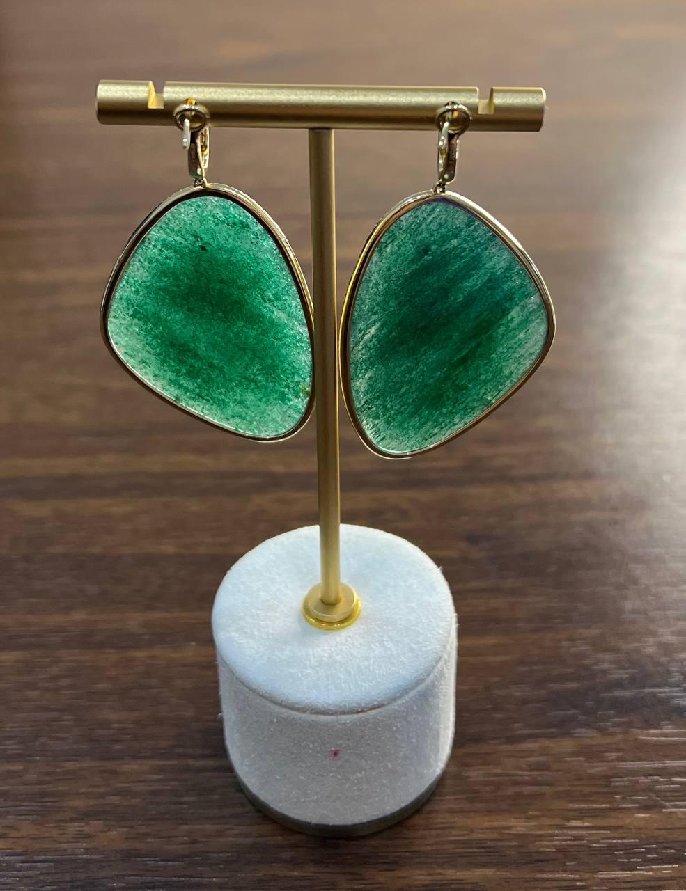 Free Shape Dark Green Aventurine 14K Gold Unique Statement Drop Earrings