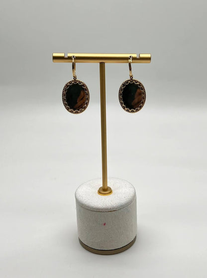 Oval Shape Faceted Cabochon Dark Red Sapphire Diamond 14K Gold Drop Earrings