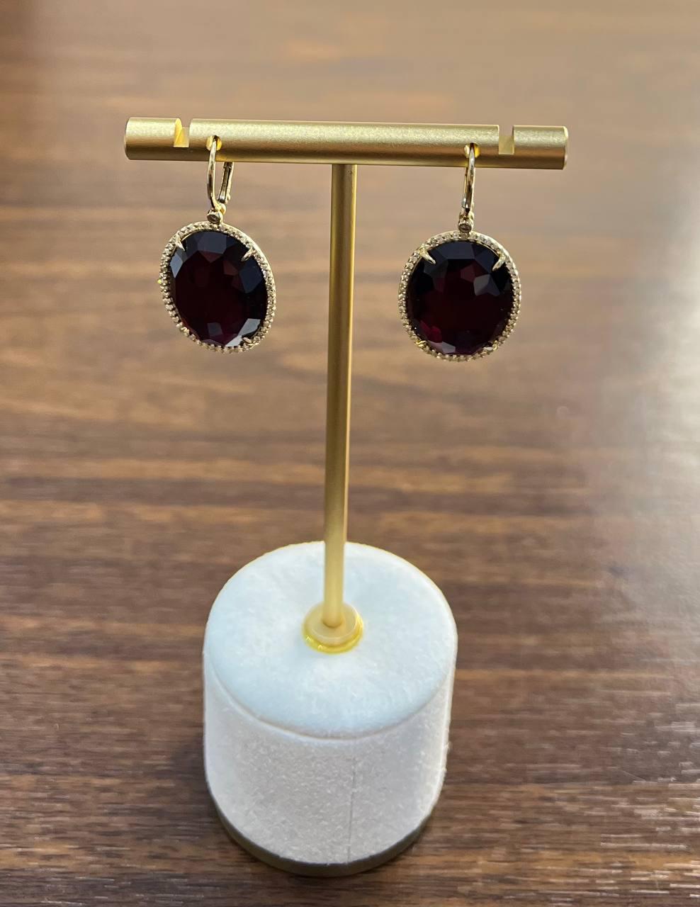 oval shape faceted cabochon dark red sapphire diamond 14k gold drop earrings