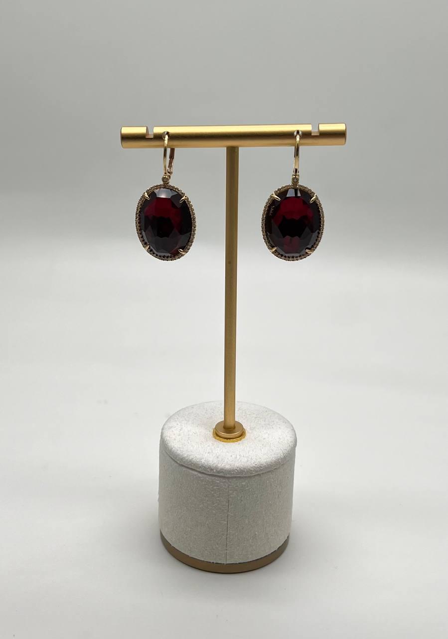 Oval Shape Faceted Cabochon Dark Red Sapphire Diamond 14K Gold Drop Earrings