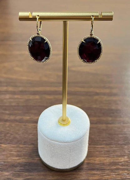 Oval Shape Faceted Cabochon Dark Red Sapphire Diamond 14K Gold Drop Earrings