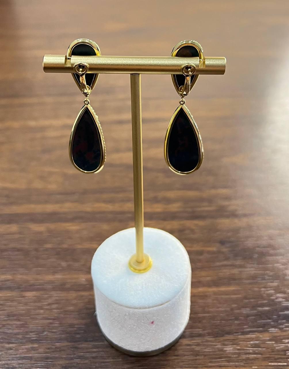 Teardrop Black Blackstone Diamonds Halo 18K Gold Statement Drop Unique Earrings