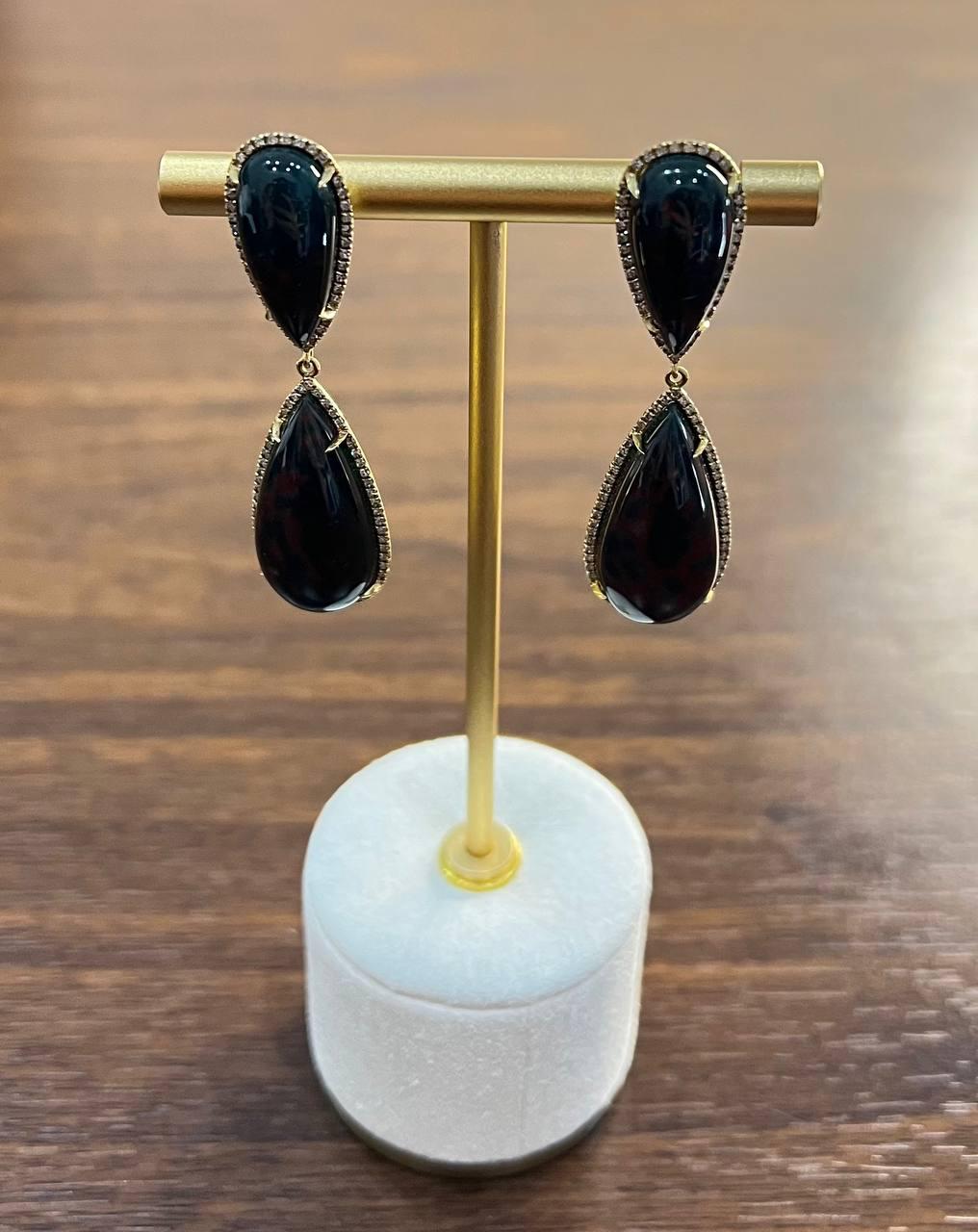 Teardrop Black Blackstone Diamonds Halo 18K Gold Statement Drop Unique Earrings