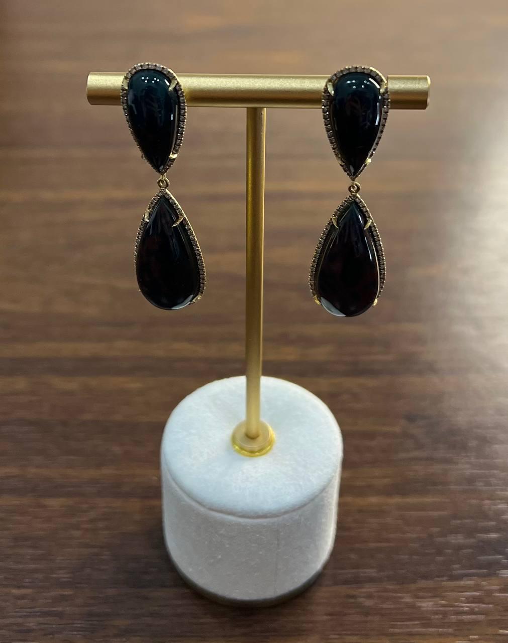 Teardrop Black Blackstone Diamonds Halo 18K Gold Statement Drop Unique Earrings