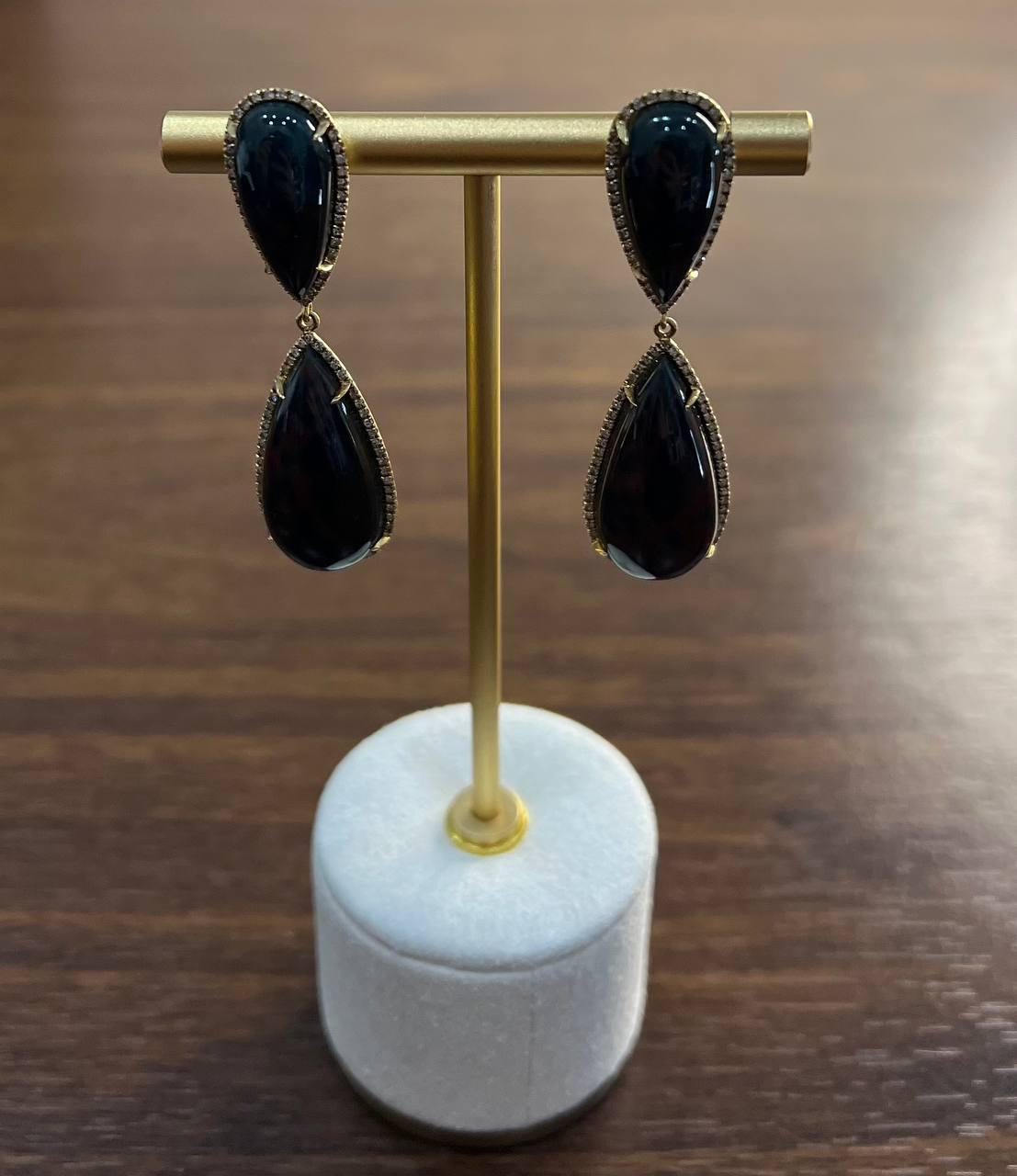 Teardrop Black Blackstone Diamonds Halo 18K Gold Statement Drop Unique Earrings