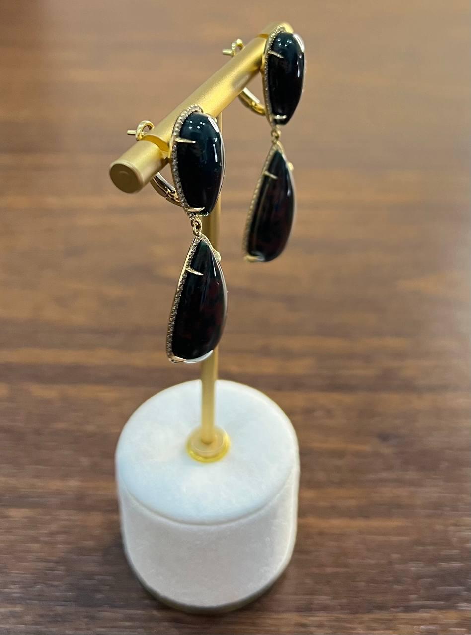 Teardrop Black Blackstone Diamonds Halo 18K Gold Statement Drop Unique Earrings