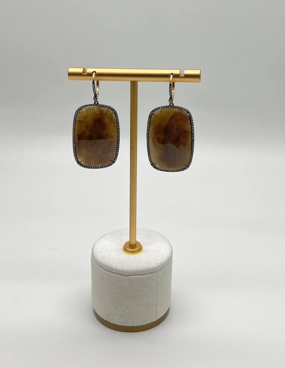 Cushion Shape Faceted Slice Brown Sapphire Diamond Halo 14K Gold Dangle Earrings