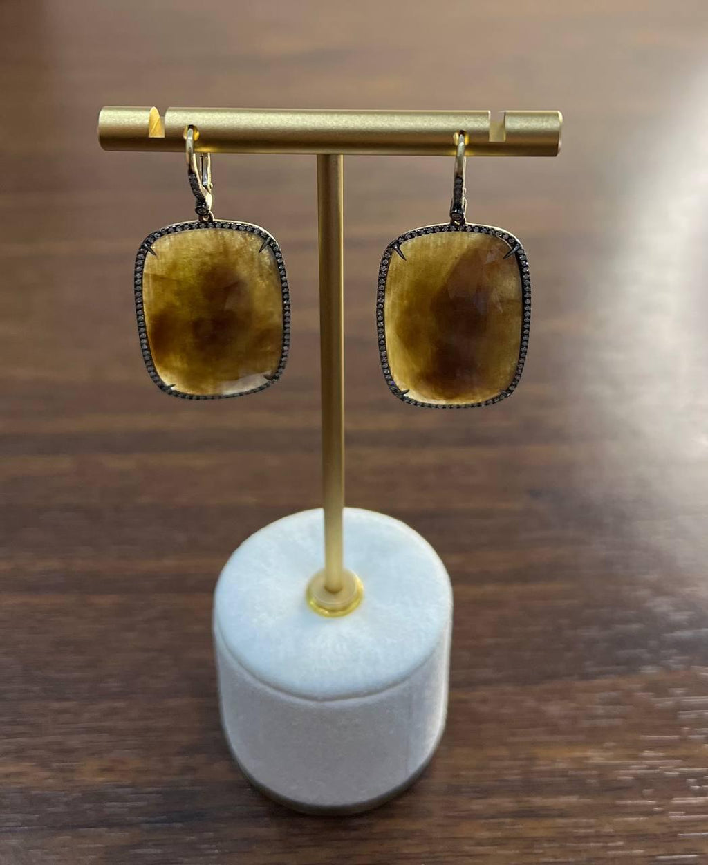 Cushion Shape Faceted Slice Brown Sapphire Diamond Halo 14K Gold Dangle Earrings