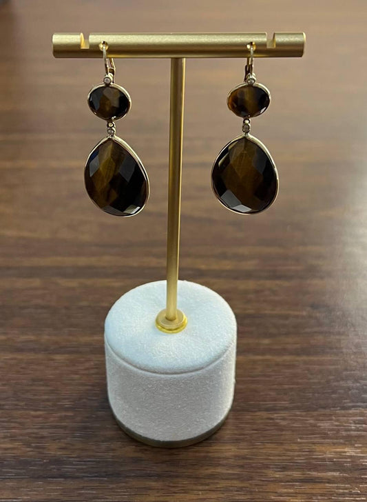 Oval Shape Faceted Cabochon Dark Brown Sapphires 14K Gold Drop Earrings