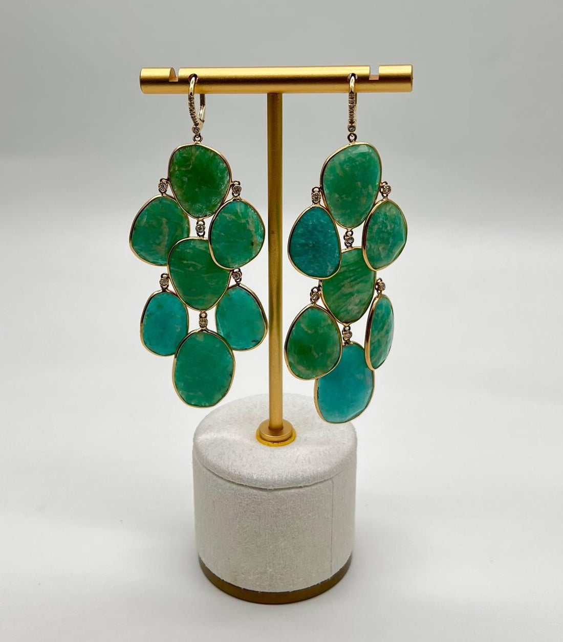 Green Blue Amazonite Free Shape Diamonds 14K Gold Dangling Chandelier Earrings