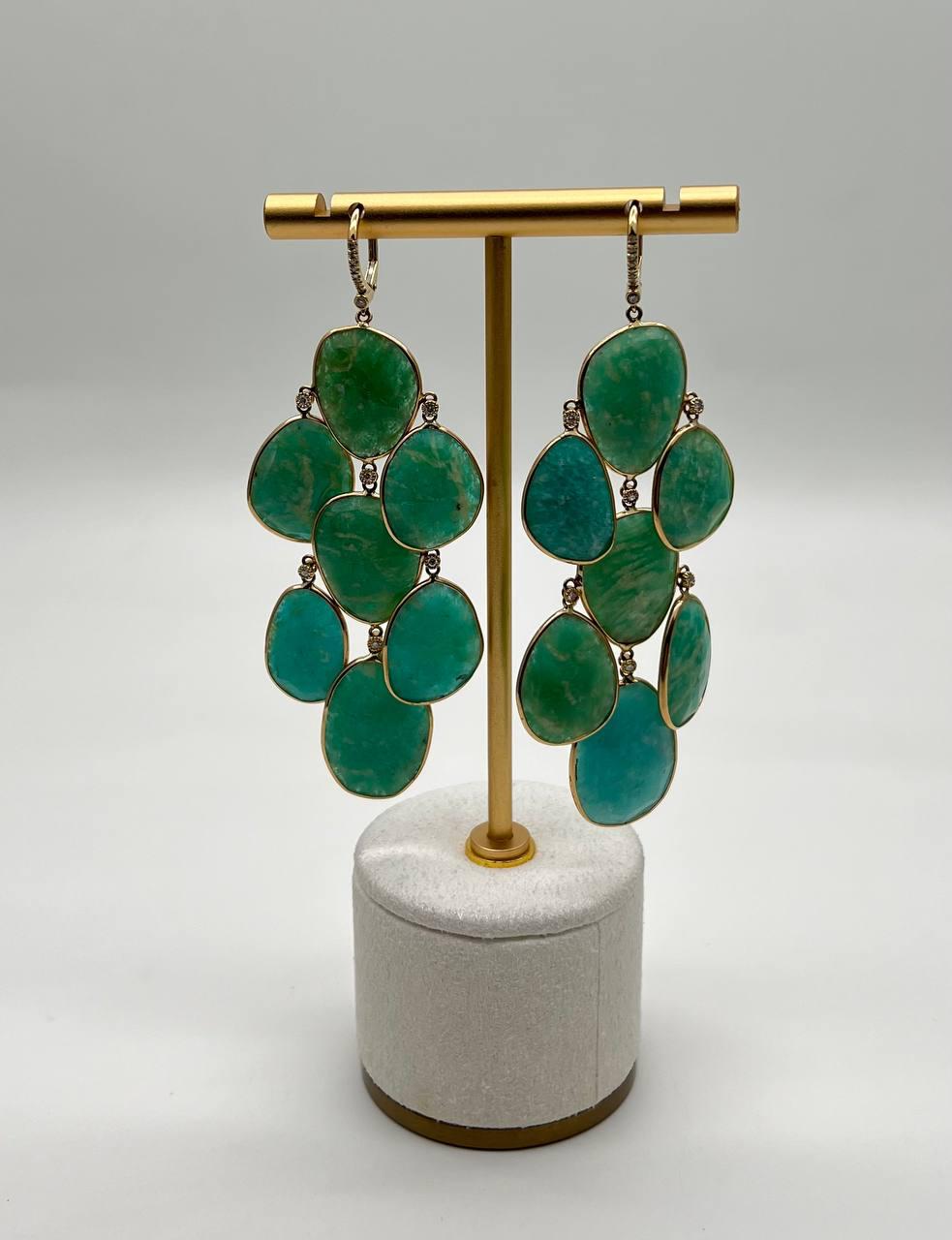 Green Blue Amazonite Free Shape Diamonds 14K Gold Dangling Chandelier Earrings