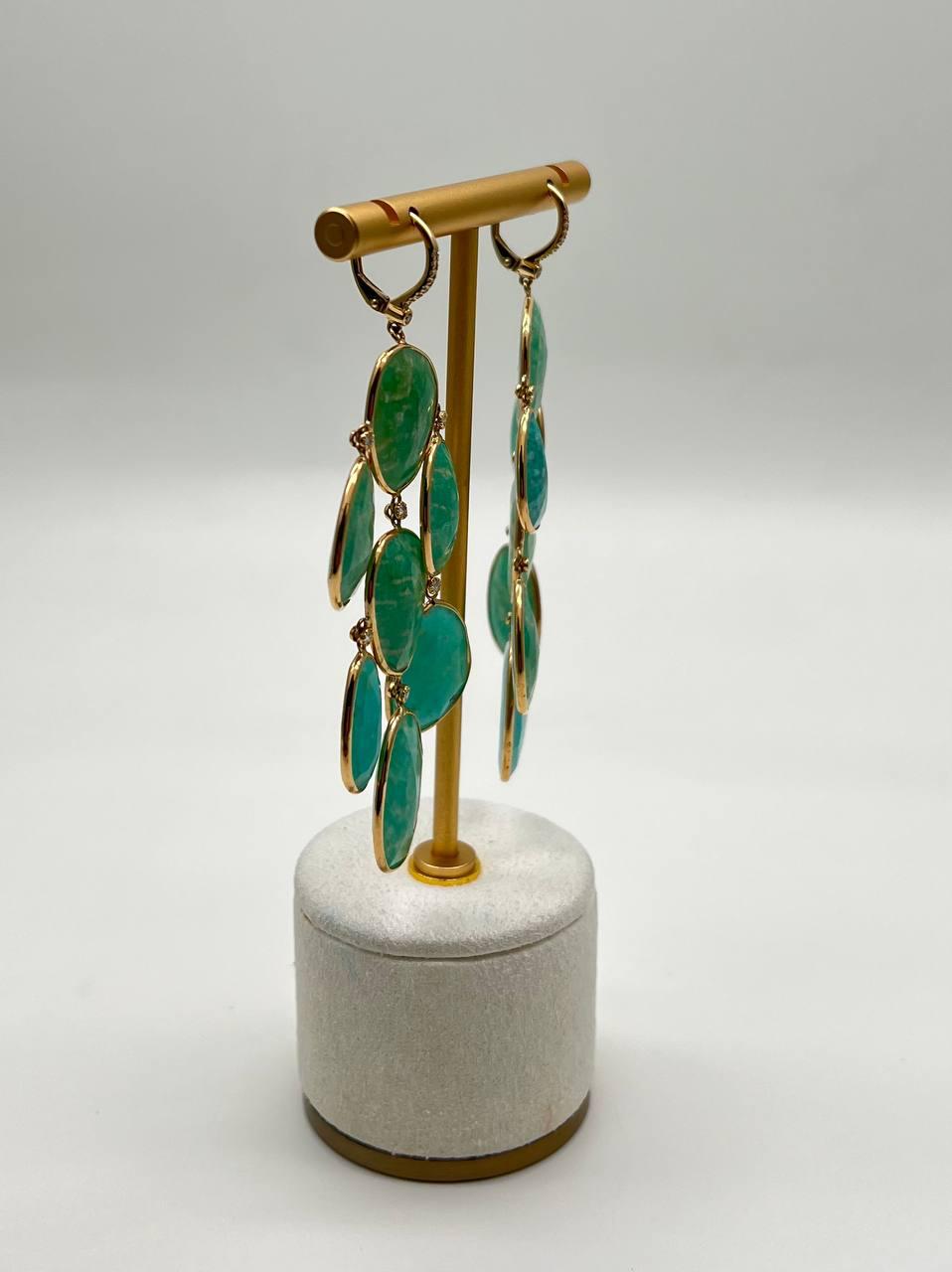 Green Blue Amazonite Free Shape Diamonds 14K Gold Dangling Chandelier Earrings