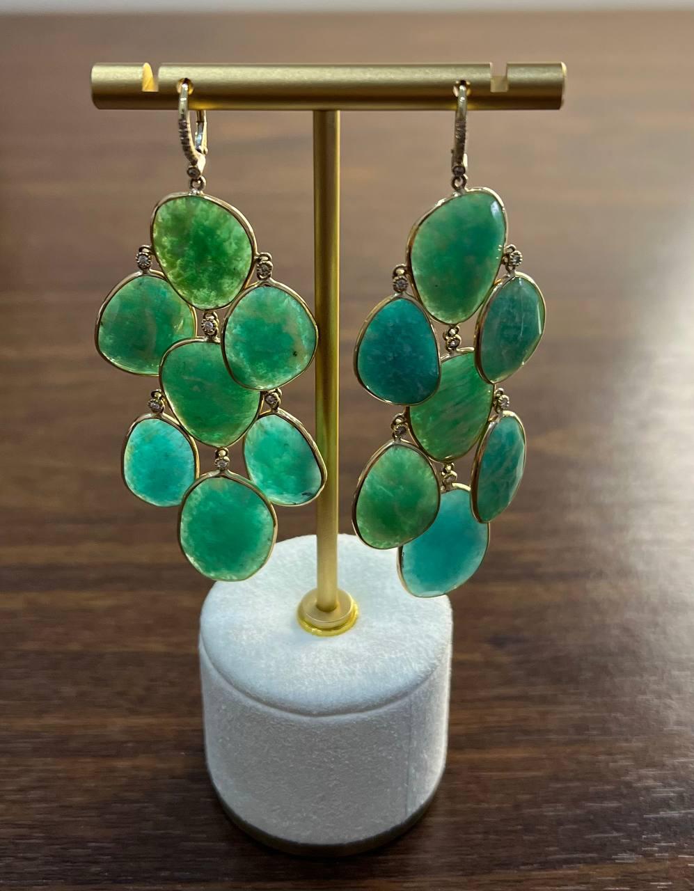 Green Blue Amazonite Free Shape Diamonds 14K Gold Dangling Chandelier Earrings