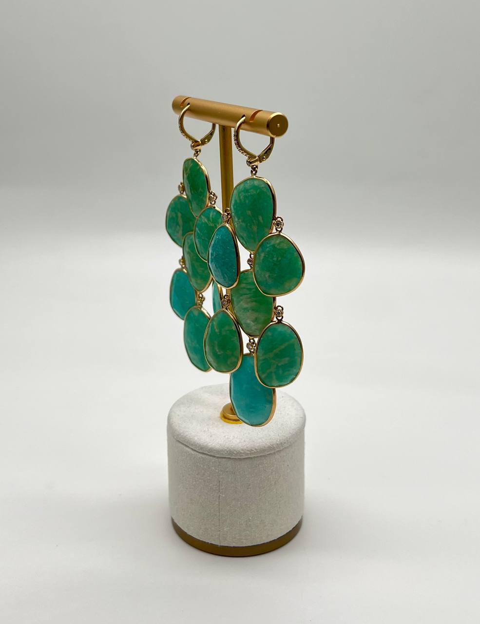Green Blue Amazonite Free Shape Diamonds 14K Gold Dangling Chandelier Earrings
