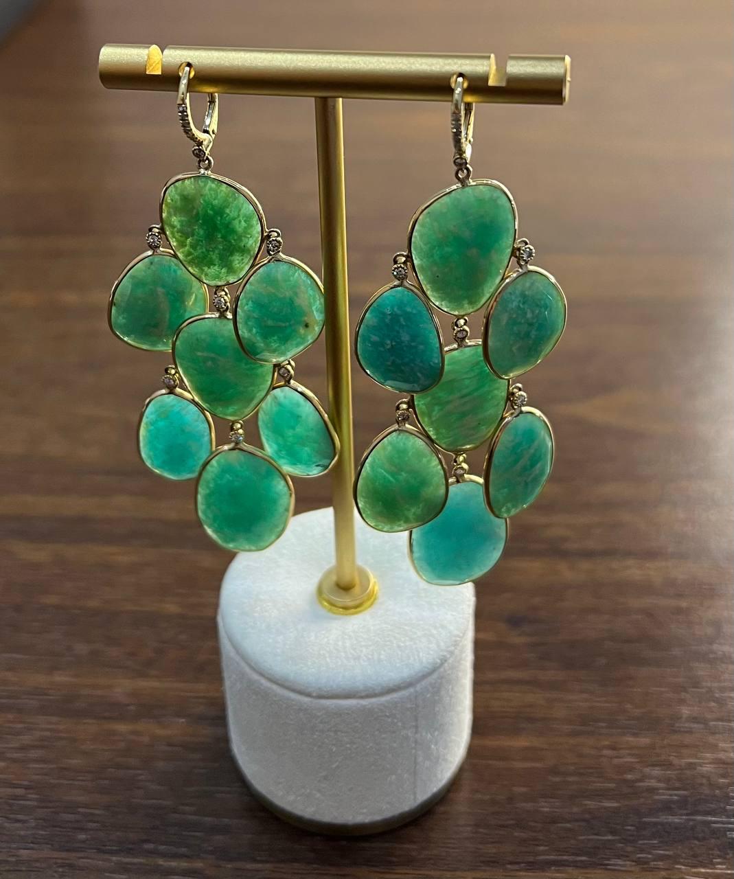 Green Blue Amazonite Free Shape Diamonds 14K Gold Dangling Chandelier Earrings