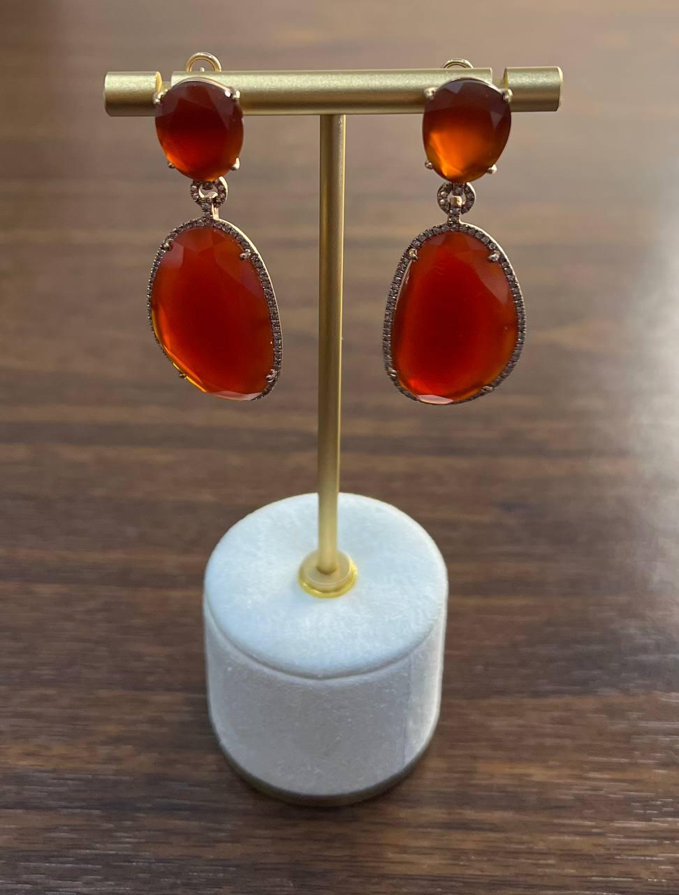 red orange carnelian diamonds halo 14k yellow gold statement drop earrings