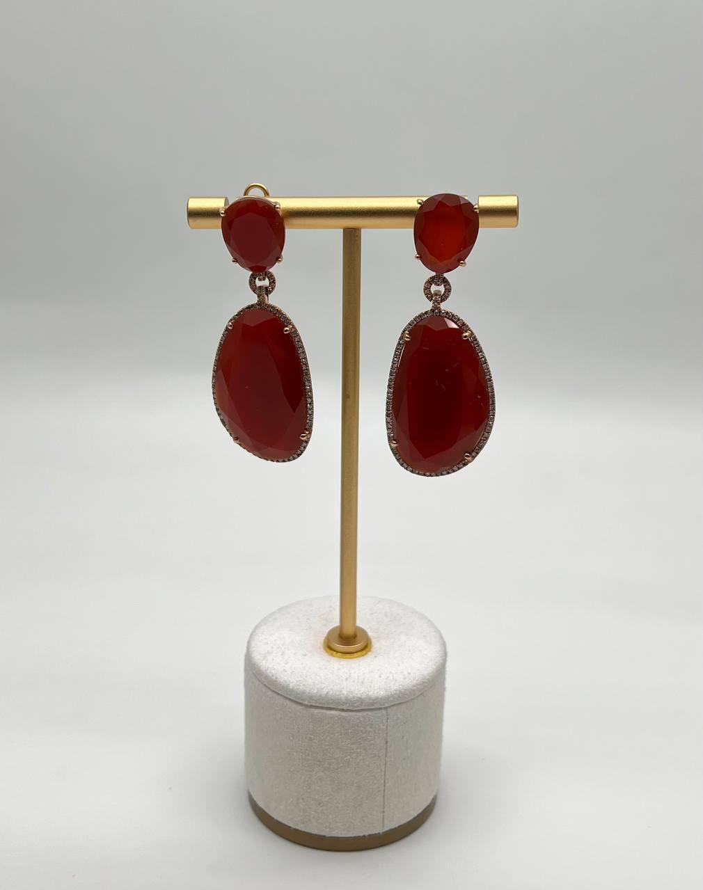 Red Orange Carnelian Diamonds Halo 14K Yellow Gold Statement Drop Earrings