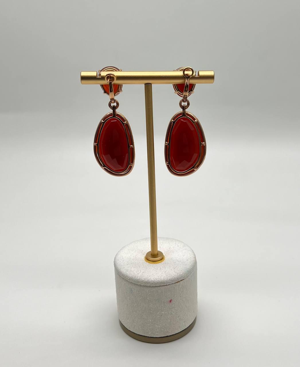 Red Orange Carnelian Diamonds Halo 14K Yellow Gold Statement Drop Earrings