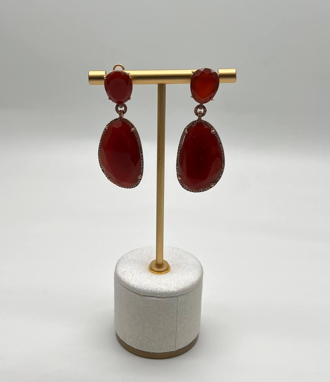 Red Orange Carnelian Diamonds Halo 14K Yellow Gold Statement Drop Earrings