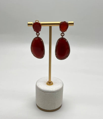 Red Orange Carnelian Diamonds Halo 14K Yellow Gold Statement Drop Earrings