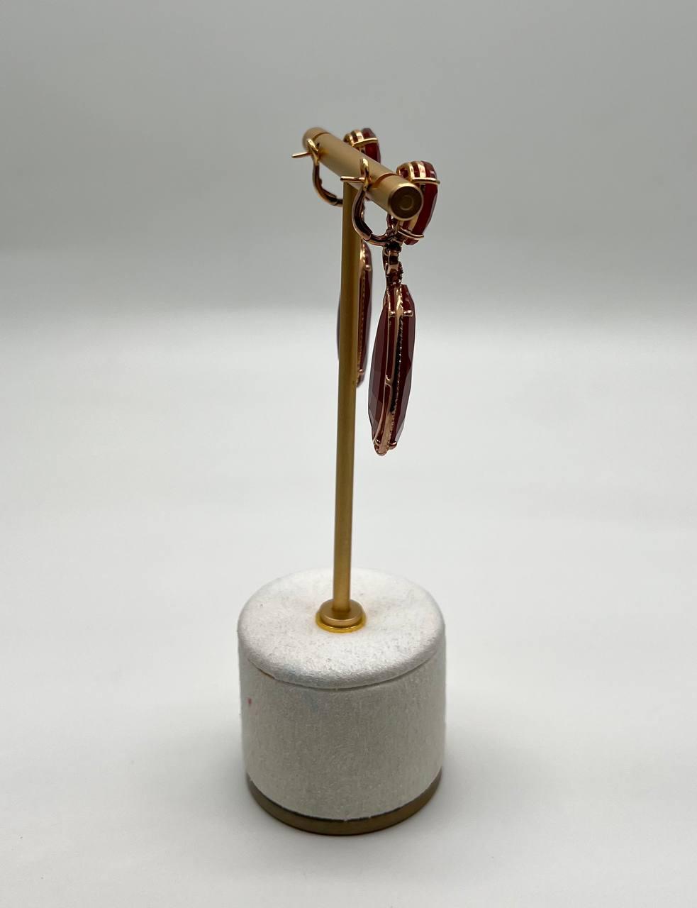 Red Orange Carnelian Diamonds Halo 14K Yellow Gold Statement Drop Earrings