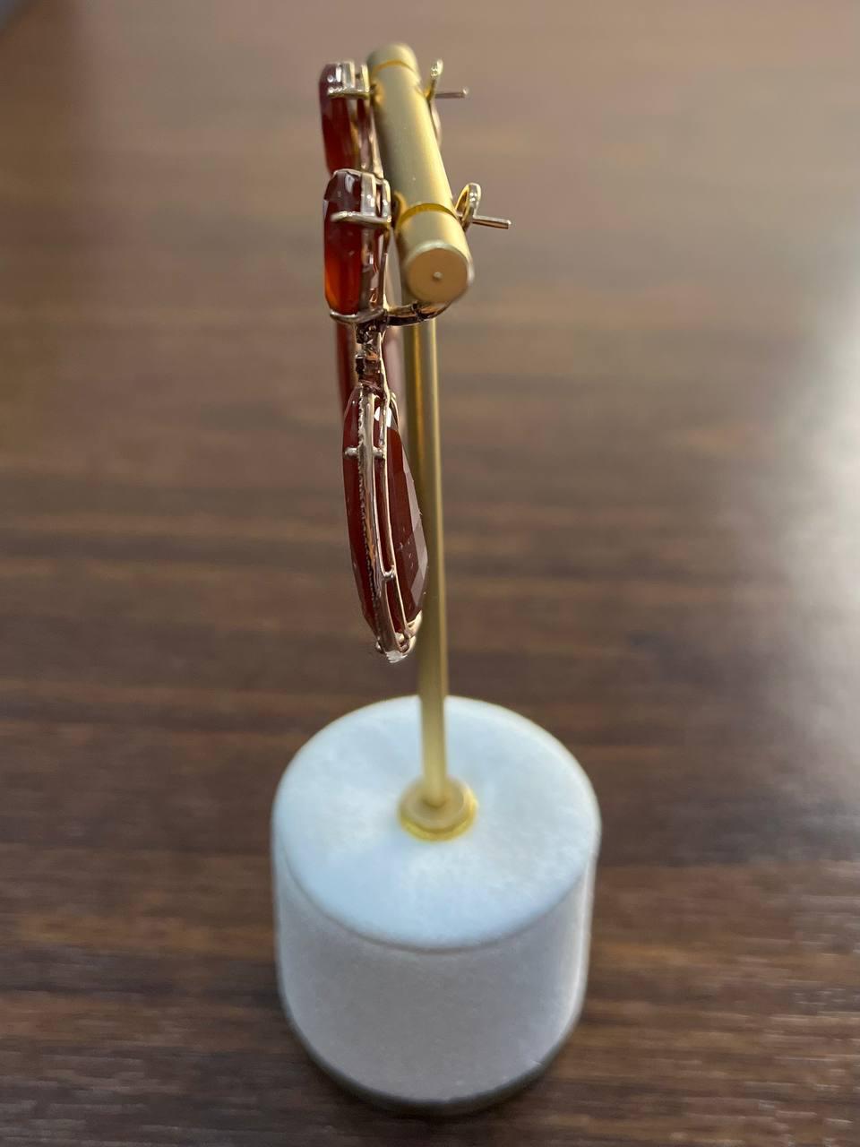 Red Orange Carnelian Diamonds Halo 14K Yellow Gold Statement Drop Earrings