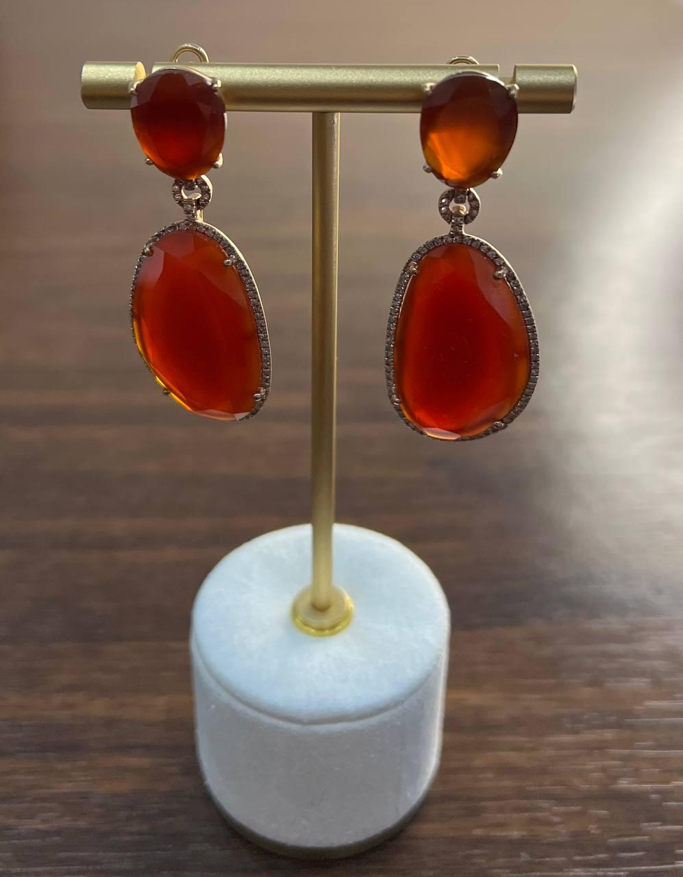 Red Orange Carnelian Diamonds Halo 14K Yellow Gold Statement Drop Earrings