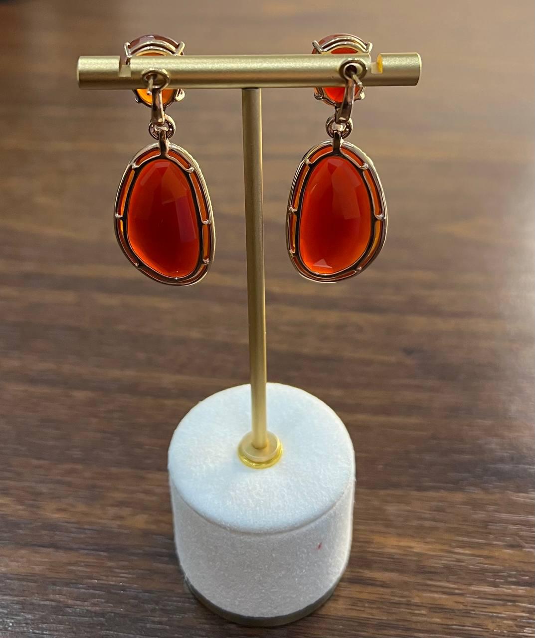Red Orange Carnelian Diamonds Halo 14K Yellow Gold Statement Drop Earrings