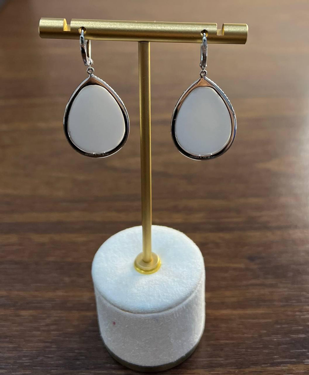 Pear Teardrop Shape White Cloud Agate 14K White Gold Drop Diamonds Halo Earrings