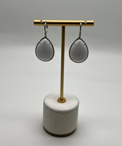 Pear Teardrop Shape White Cloud Agate 14K White Gold Drop Diamonds Halo Earrings