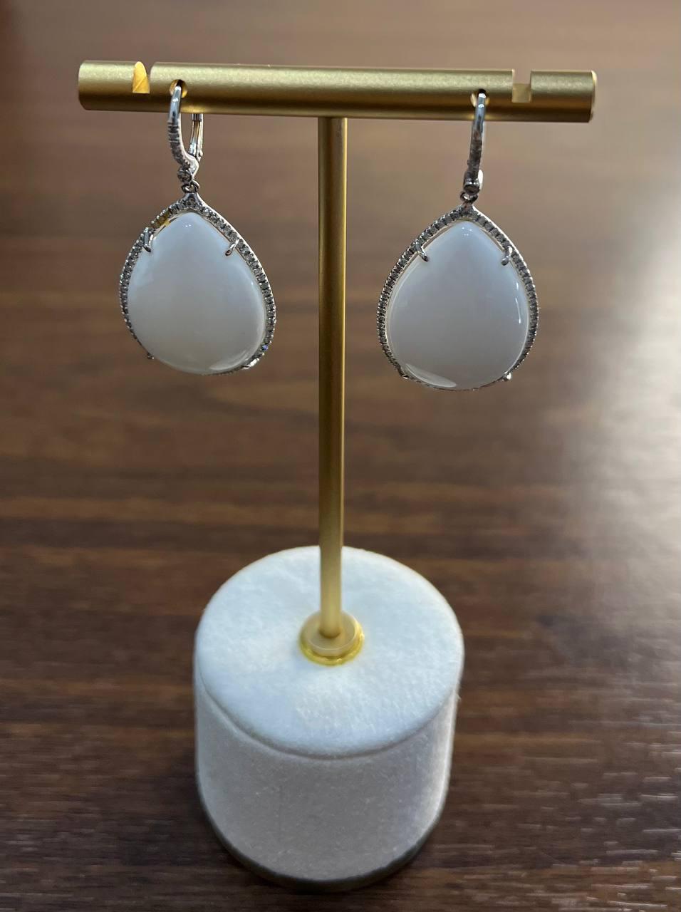 Pear Teardrop Shape White Cloud Agate 14K White Gold Drop Diamonds Halo Earrings