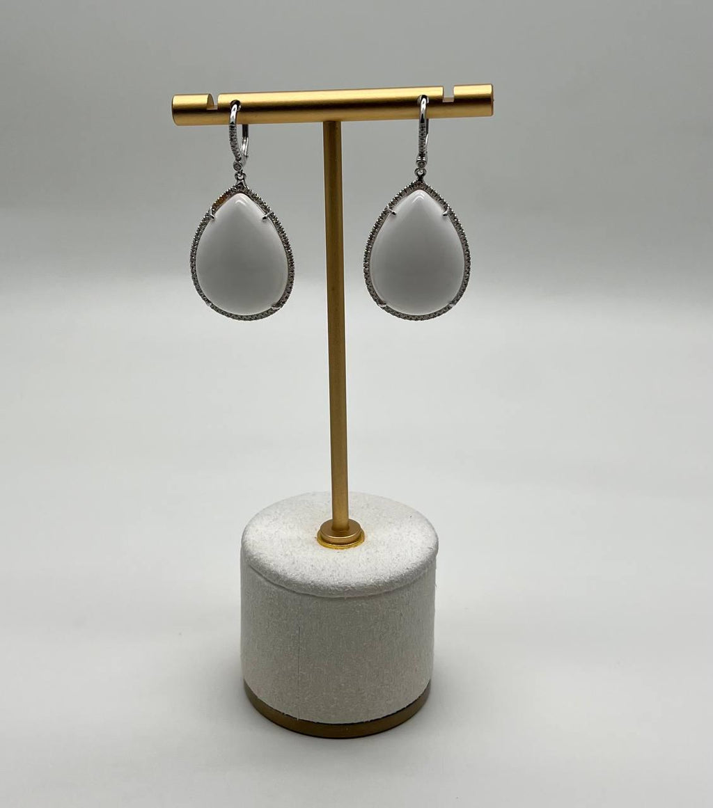 Pear Teardrop Shape White Cloud Agate 14K White Gold Drop Diamonds Halo Earrings