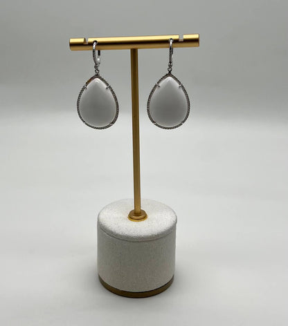 Pear Teardrop Shape White Cloud Agate 14K White Gold Drop Diamonds Halo Earrings
