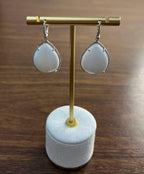 Pear Teardrop Shape White Cloud Agate 14K White Gold Drop Diamonds Halo Earrings