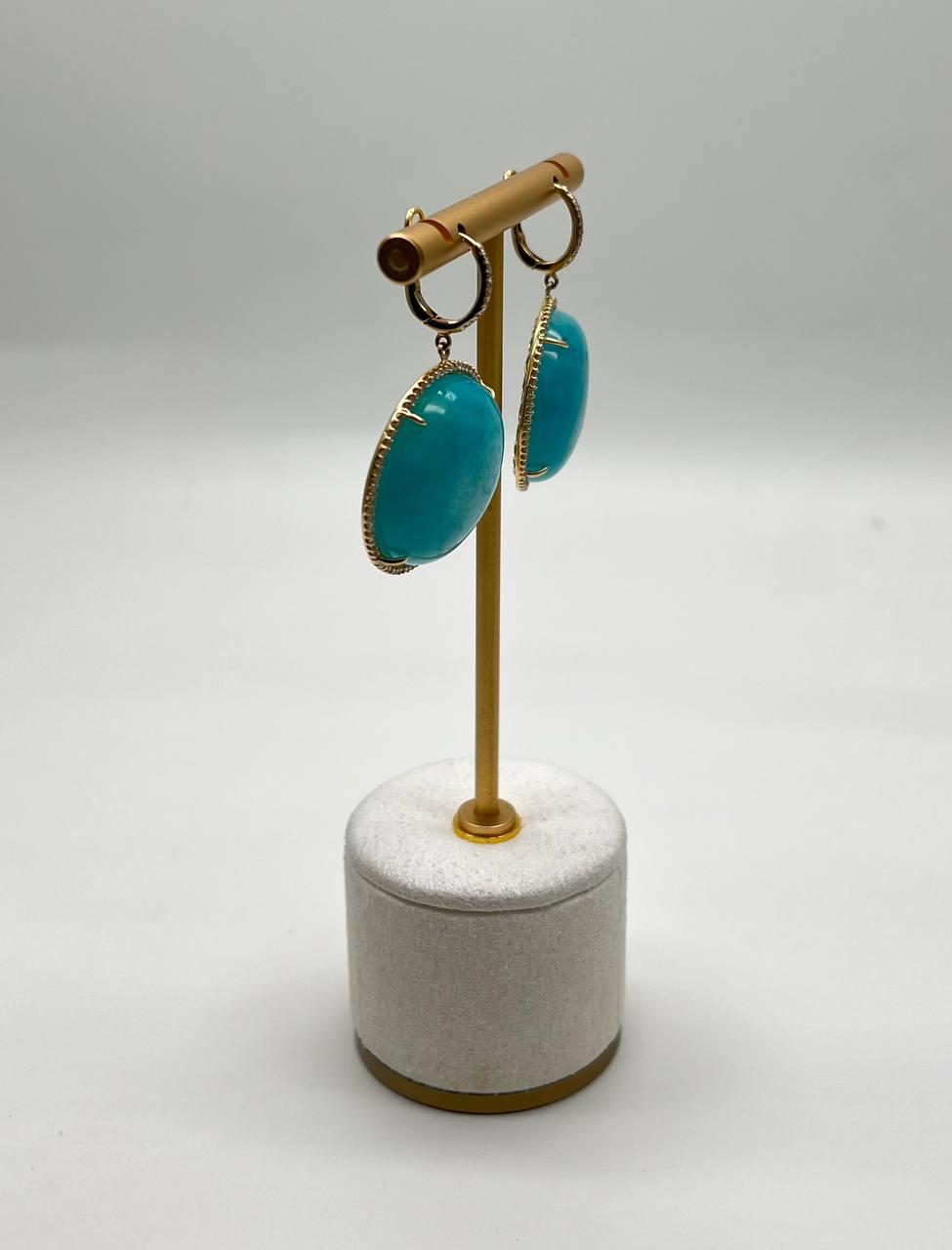 Round Teal Blue Turquoise Cabochon 14K Gold Diamond Halo Statement Drop Earrings