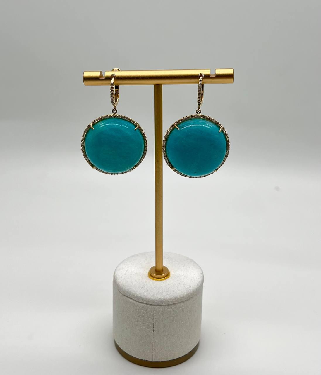 Round Teal Blue Turquoise Cabochon 14K Gold Diamond Halo Statement Drop Earrings