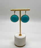 Round Teal Blue Turquoise Cabochon 14K Gold Diamond Halo Statement Drop Earrings