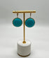 Round Teal Blue Turquoise Cabochon 14K Gold Diamond Halo Statement Drop Earrings