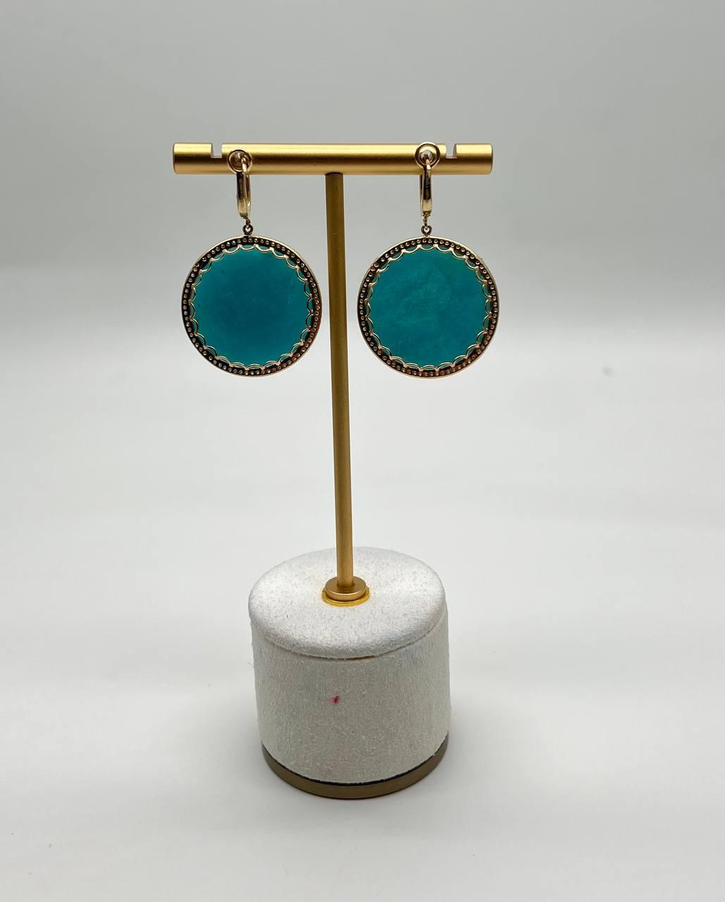 Round Teal Blue Turquoise Cabochon 14K Gold Diamond Halo Statement Drop Earrings