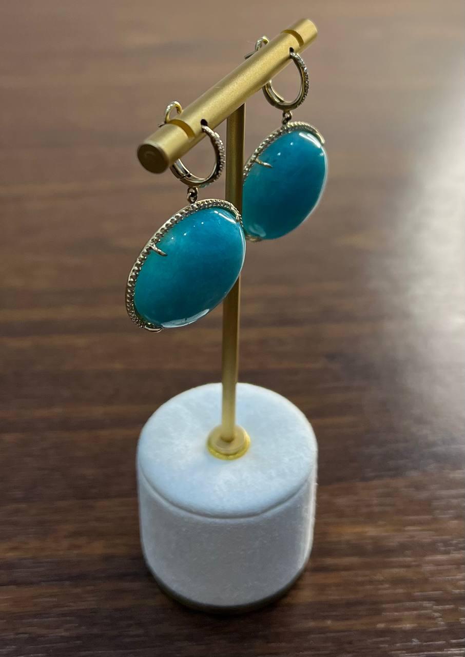 Round Teal Blue Turquoise Cabochon 14K Gold Diamond Halo Statement Drop Earrings