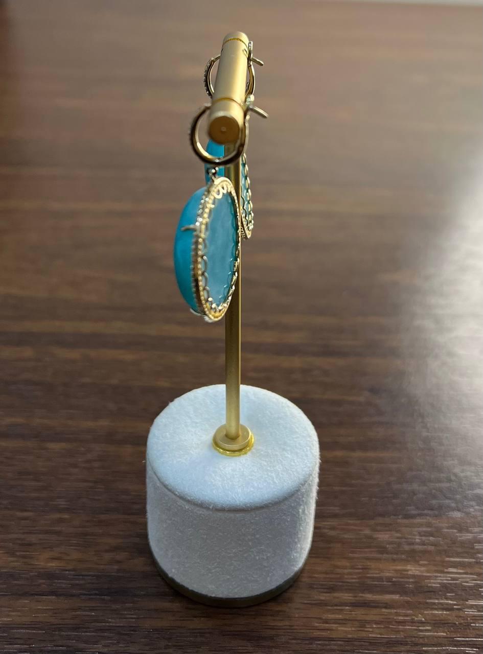 Round Teal Blue Turquoise Cabochon 14K Gold Diamond Halo Statement Drop Earrings