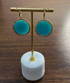 Round Teal Blue Turquoise Cabochon 14K Gold Diamond Halo Statement Drop Earrings